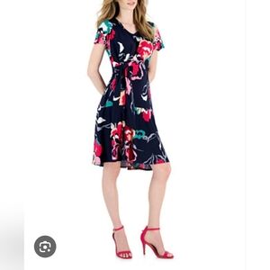 Robbie Bee Navy and Pink Floral Midi Dress
